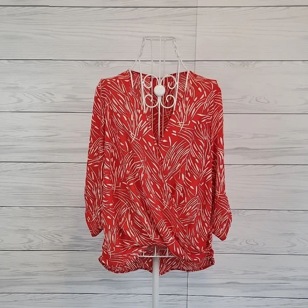 Lush Red Orange Print Crossover Blouse Womens Size M